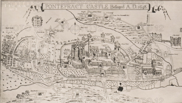Reproduction of a print of a siege plan of the Siege of Pontefract, reproduction, page,