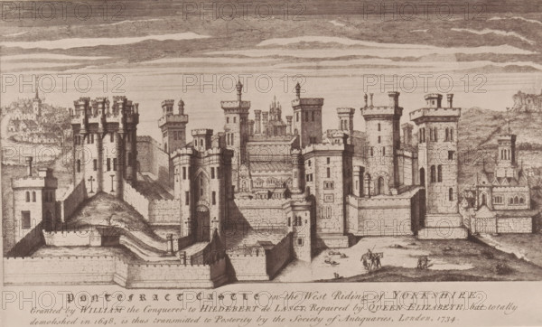 Reproduction of a print of a view of Pontefract Castle, reproduction, page, photomechanical print,