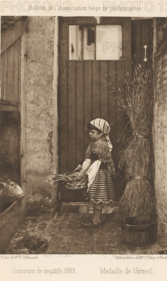 View of a girl with a basket near a goat, page, photomechanical print, inscription: 'Bulletin de