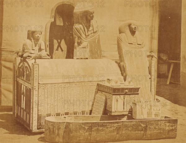 Several sarcophagi in the Boulaq Museum in Cairo, Egypt, photograph, page, photographer: Hippolyte