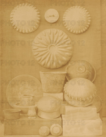 Silver dishes and bowls in the Boulaq Museum in Cairo, Egypt, photograph, page, photographer:
