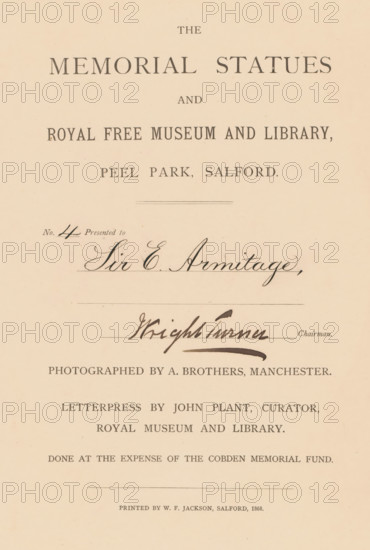The memorial statues and Royal Free Museum and Library, Peel Park, Salford, letterpress by John
