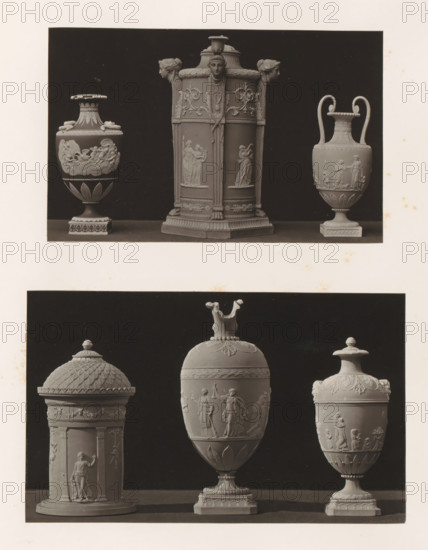 Five vases and a candlestick, photograph, page, photographer: Joseph Cundall, c. 1868 - in or