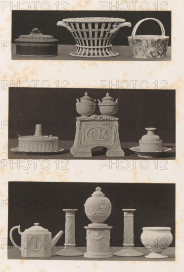 Basket, teapot, inkwells, candlesticks and vases with female figures and the wedding of Cupid and