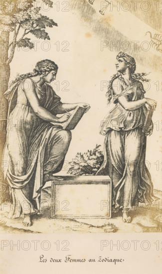 Les deux Femmes au Zodiaque, Photo reproduction of an engraving of two young women with a zodiac in