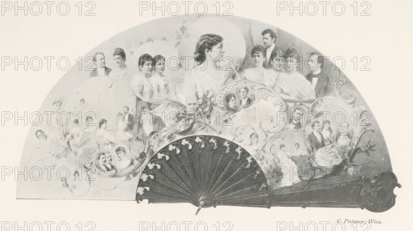 Fan with a collage of portraits of unknown men and women, page, photomechanical print, inscription: