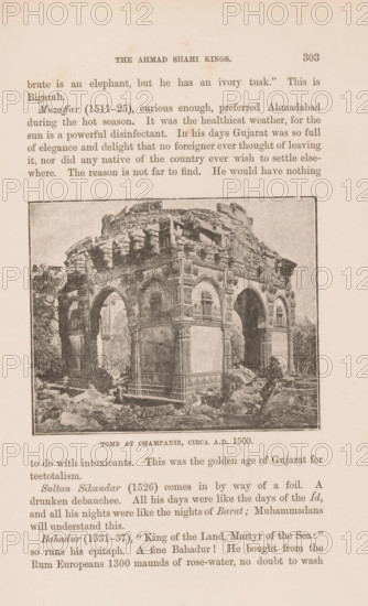 Tomb at Champaner, Gujarat, India, page, photomechanical print, caption: 'TOMB AT CHAMPANIR, CIRCA
