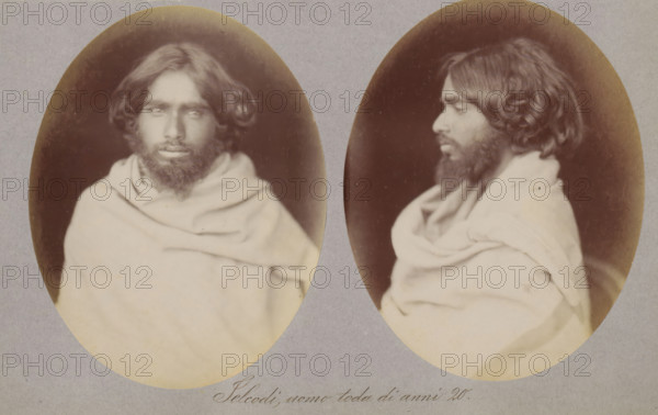 Selcodi, uomo toda di anni 20, Two portraits of Selcodi of the Toda tribe, photograph, page,