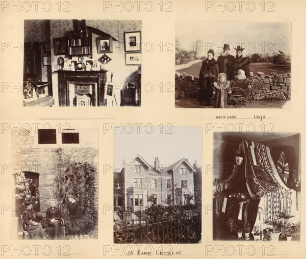 Various subjects, album page, photograph, Interior of a home, a family portrait in Arnside, two