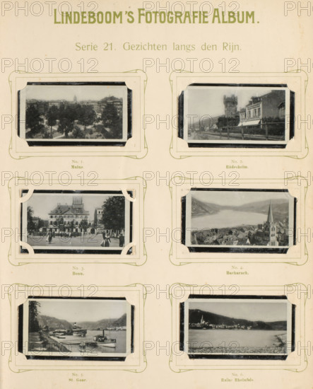 Six reproductions of photographed cityscapes from Mainz, Rüdesheim, Bonn, Bacharach, Sankt Goar and