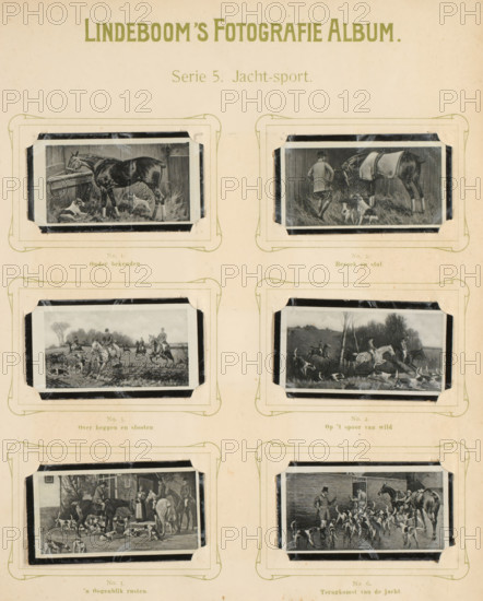 Six reproductions of drawings of horses and dogs during a hunt, Hunting sport, album page,