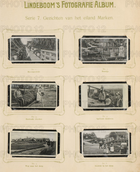 Six reproductions of photos of Marken, Views of the island of Marken, album page, reproduction,