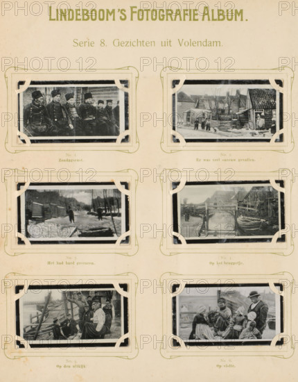 Six reproductions of photos of Volendam, Faces from Volendam, album page, reproduction,