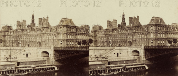 City Hall of Paris seen across the Seine, stereograph, inscription: 'Banselin optician Ft. 14. R.
