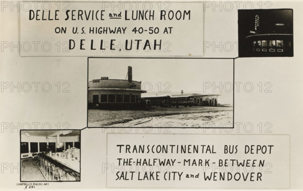 Advertisement for a bus station and lunchroom, picture postcard, inscription: 'DELLE SERVICE and