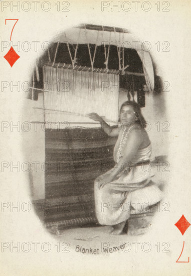 Blanket Weaver, Seven of Diamonds with woman at loom weaving a blanket, photograph, playing card,