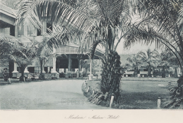 Medan. Medan Hotel, Garden and veranda of the Medan Hotel, photomechanical print, Part of Album