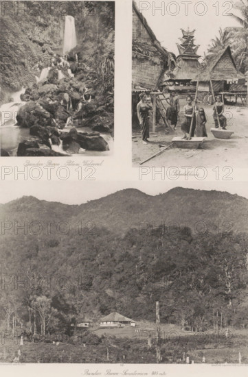 Waterfall (top left), Batak village with skull house (top right) and sanatorium (bottom) in