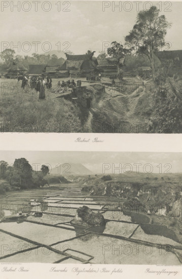 View of the Batak village Rakoet Bessi (above) and landscape with rice fields and volcano (below)