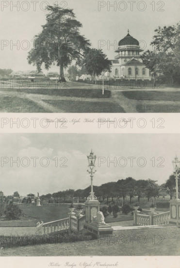 View of the Kota Radja Aceh Hotel, the so-called Köhlerboom and the Baiturrahman Mosque (above) and