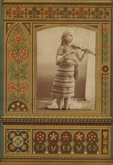 Portrait of a girl playing the violin, album page, photograph, cabinet photograph, This photo is