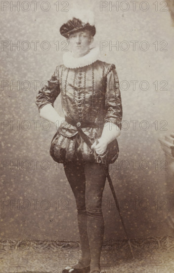 Portrait of a young man in costume with a sword, identified as CA Bergsma, album page, photograph,