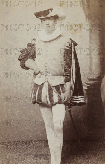 Portrait of a young man in costume with a sword, identified as JAE Rhede van der Kloot, album page,