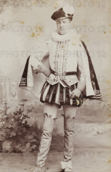 Portrait of a young man in costume with sword, referred to as A. Ypey, album page, photograph,