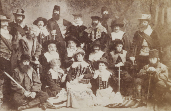 Group portrait of students in costume, album page, photograph, carte-de-visite, This photo is part