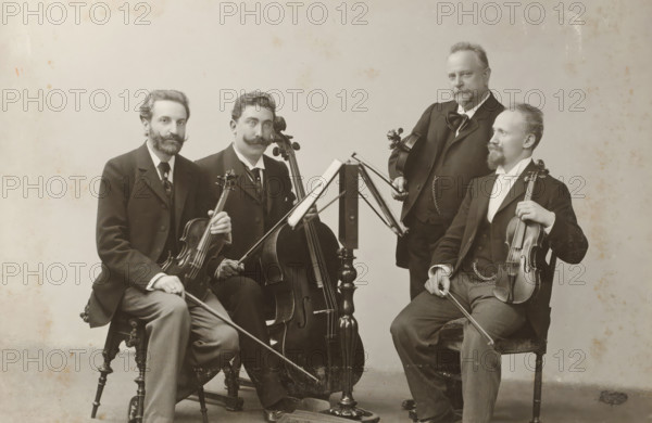 Group portrait of a string quartet, album page, photograph, cabinet photograph, This photo is part