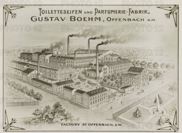 Photo reproduction of (presumably) a print of Gustav Boehm's soap and perfume factory in Offenbach