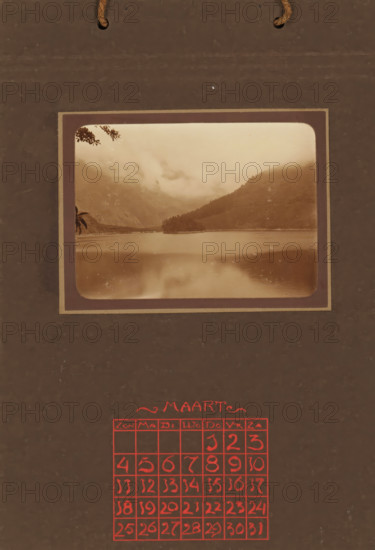 Landscape with mountains and lake, album page, photograph, This photo is part of an album.,