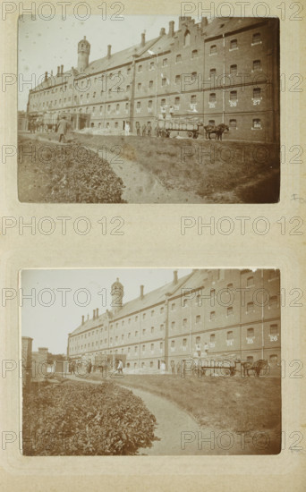Exterior of Oslebshausen prison with workers by carts, photograph, Part of Photo album of Carl