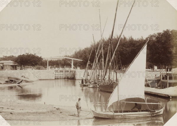 Sailing ships at a Suez Canal lock, Suez Canal, photograph, Part of Album with 191 photos of a