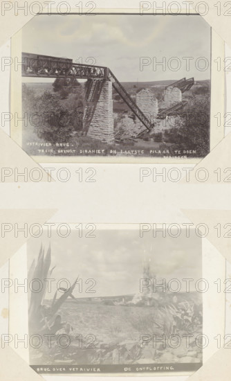 Vet River Bridge. Train brings dynamite to blow up the last pillar., Partially blown-up railway