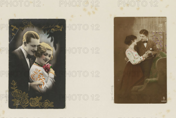Volendam, Portrait of four children in Volendam traditional costume, album page, photograph,
