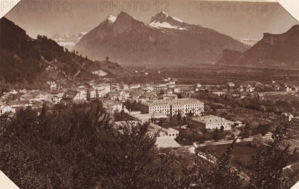 View of Ragaz, View of Bad Ragaz with mountains in the background, album page, photograph, This