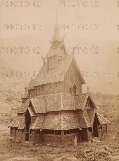 View of the Borgund Stave Church in Norway, photograph, inscription: 'Norge, Borgundskirke i