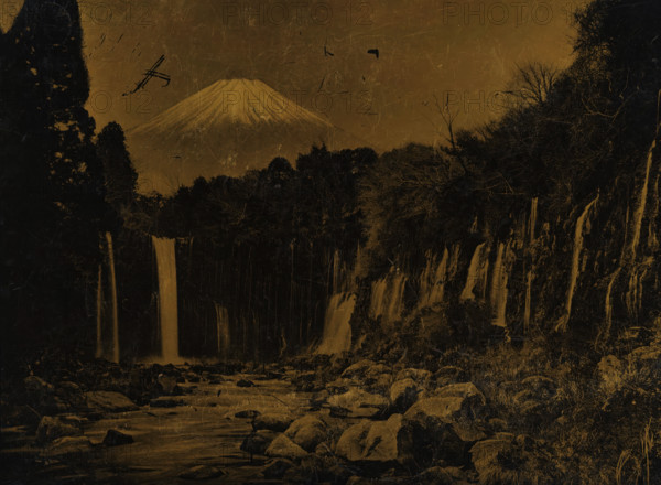 View of Mount Fuji with waterfalls, photograph, Japan, printer (person): attributed to Hanbeh