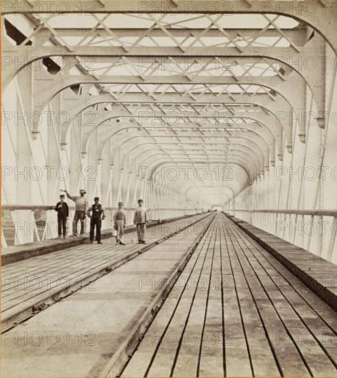Kuilenburg railway bridge over the Lek, stereograph, photographer: Pieter Oosterhuis, Culemborg,