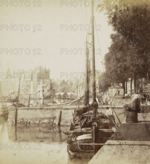 Cityscape with a harbor in Rotterdam, stereograph, Rotterdam, 1861 - 1870, photographer,