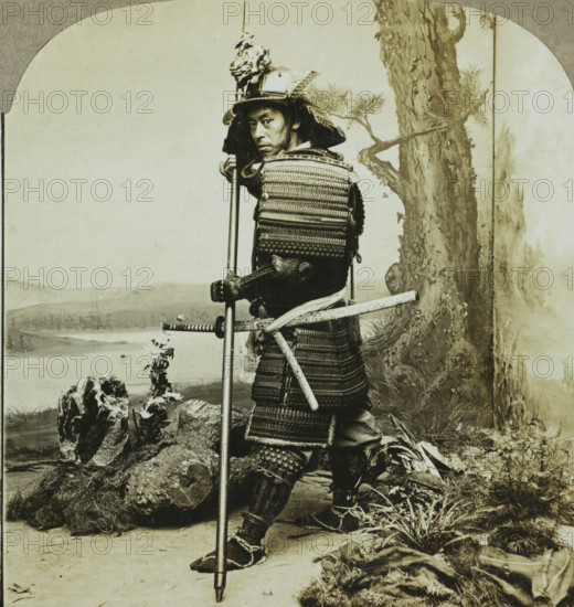 Ancient warrior costume of the Japanese. Japan, Japanese soldier in traditional dress, stereograph,