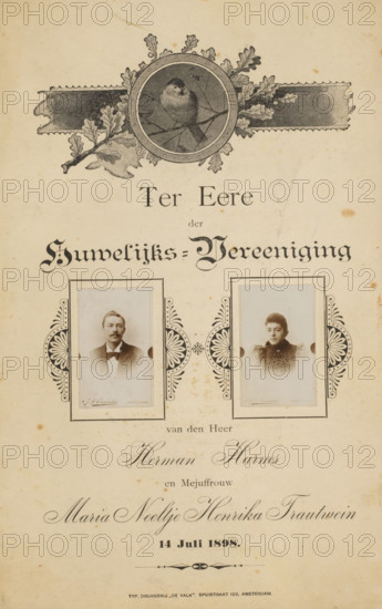 Lyrics with miniature portraits of the couple Herman Harms and Maria Neeltje Henrika Frautwein, on