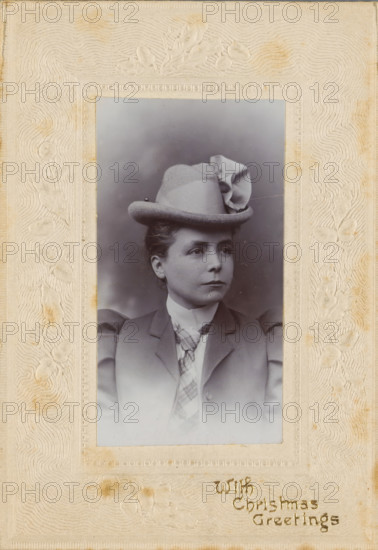 Christmas greeting with portrait of an unknown woman with a hat, photograph, Christmas card,