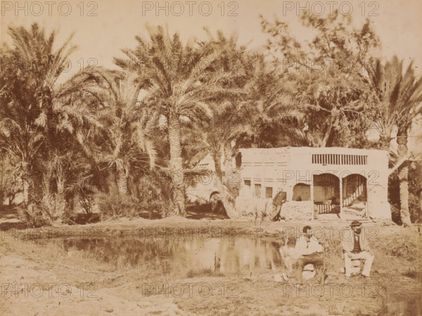 Three men, sitting and standing by a pond surrounded by palm trees, photograph, number: 'No 72',