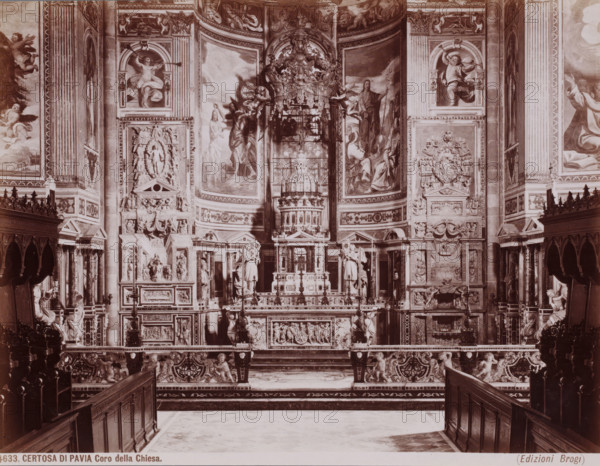 Coro della Chiesa, Interior of the Certosa di Pavia, seen towards the choir, Pavia, Italy, Certosa
