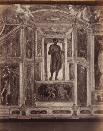 Photo reproduction of a fresco depicting a standing man in Pompeii, Italy, photograph,