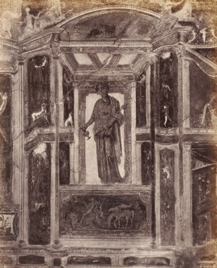 Photo reproduction of a fresco depicting a standing man in Pompeii, Italy, photograph,