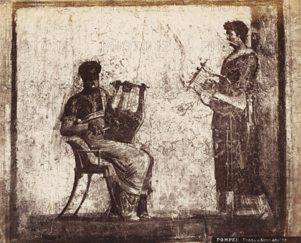 Poeta e Suonatrice, Photographic reproduction of a fresco depicting two people playing a lyre,