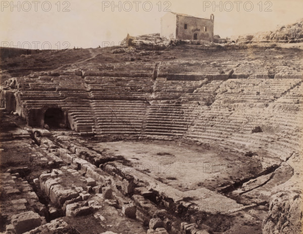 View of the ruins of the Greek amphitheater in Syracuse, Sicily, Siracusa Teatro greco, photograph,